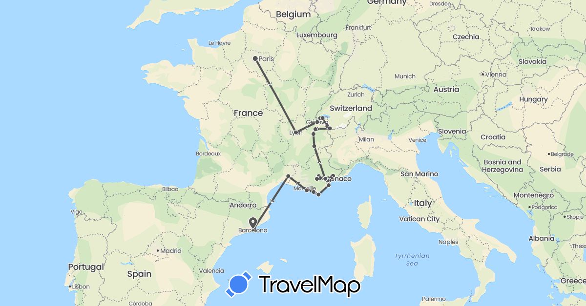 TravelMap itinerary: driving, motorbike in Switzerland, Spain, France (Europe)
